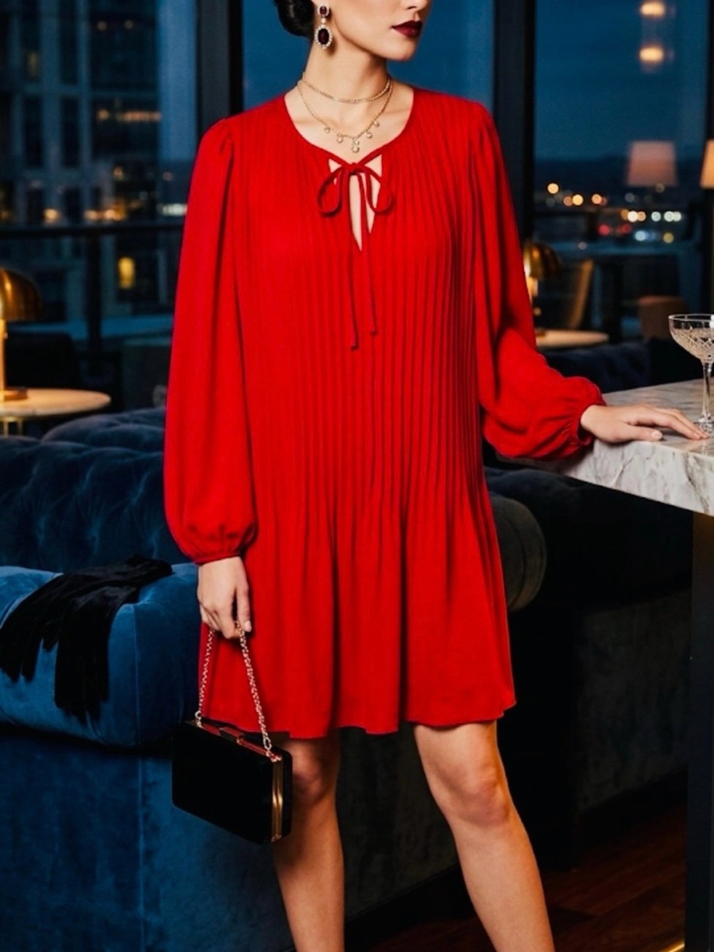 NWT. A new day Red Pleated Tie-Neck Mini Dress. Size S.